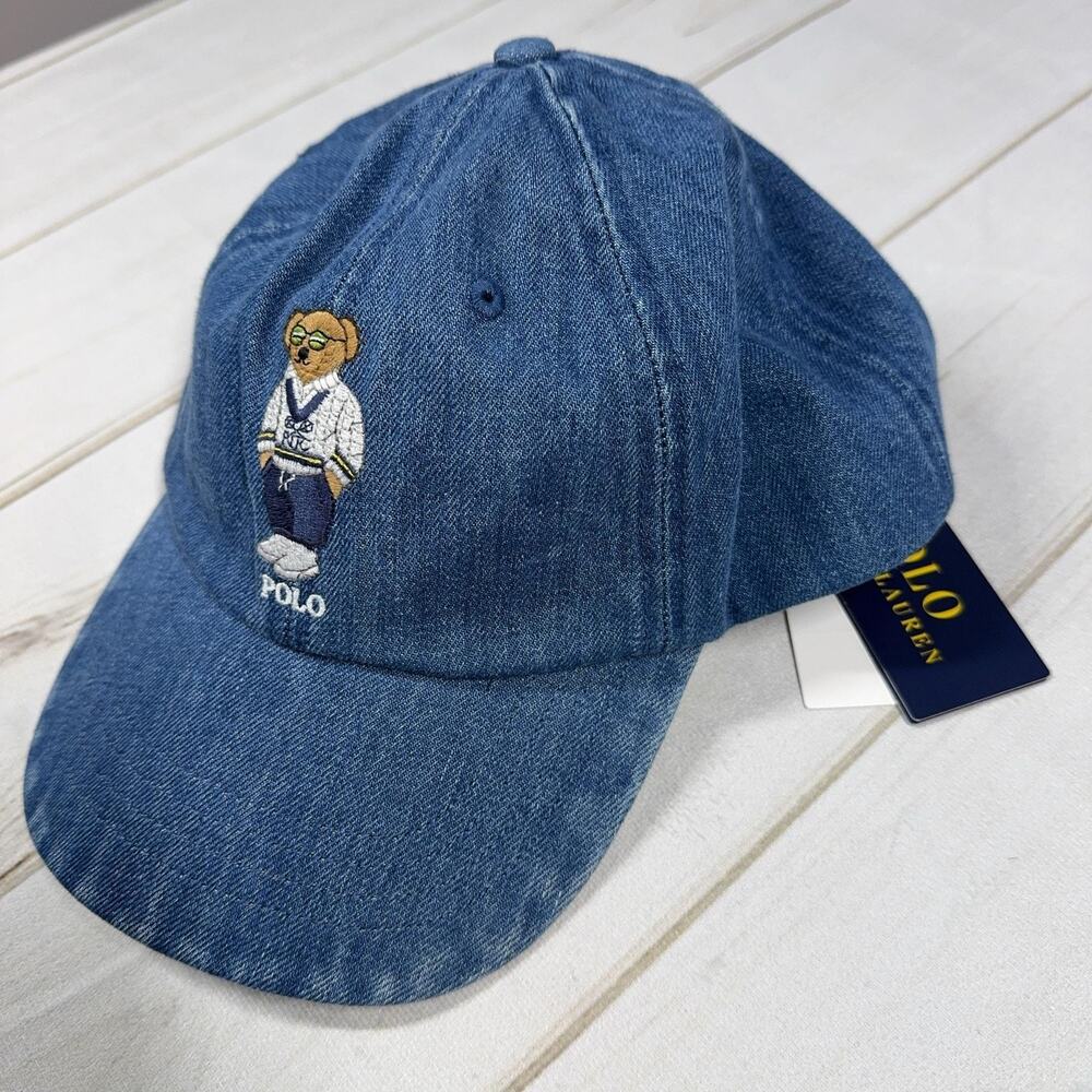 PRL Polo Bear Denim Hat Mens OS Blue Leather Strap Cap NEW Polo Ralph Lauren - Picture 4 of 15